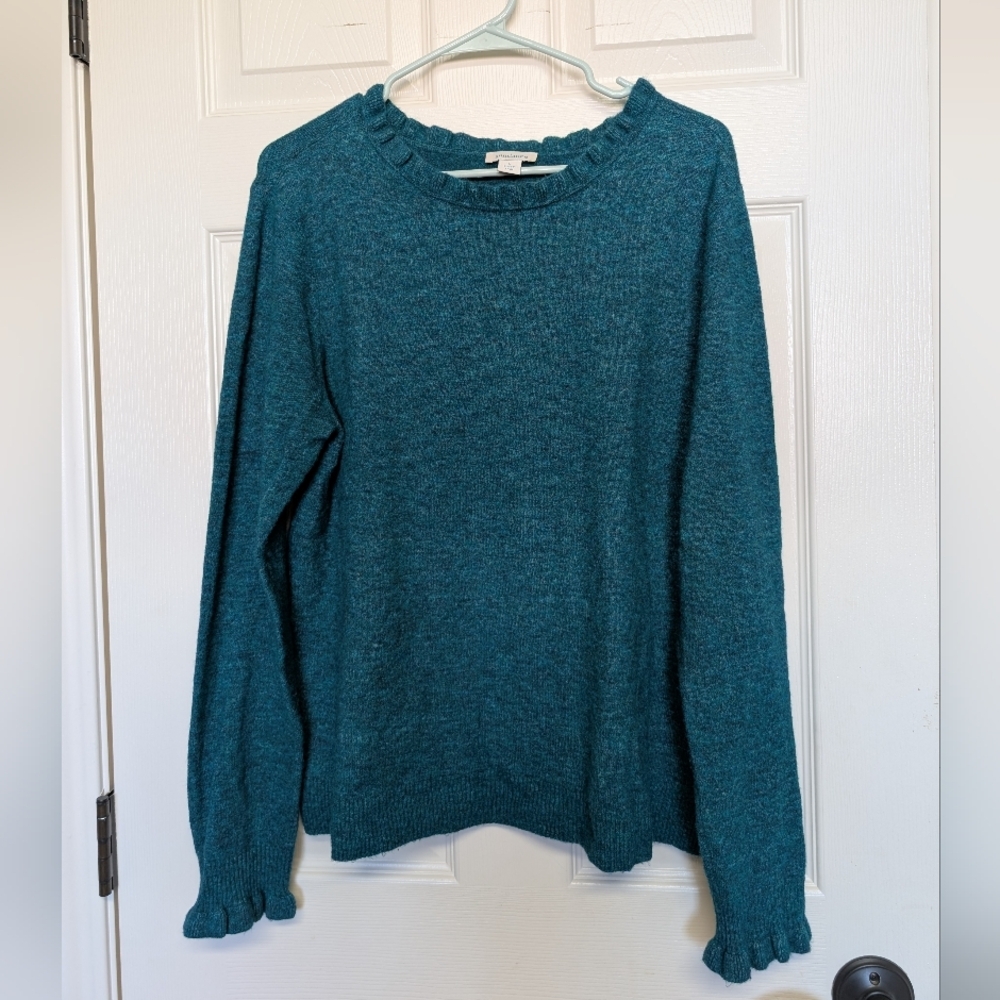 Sundance Womens XL Teal Ruffle Aileen Sweater Pullover Wool Cashmere Blend